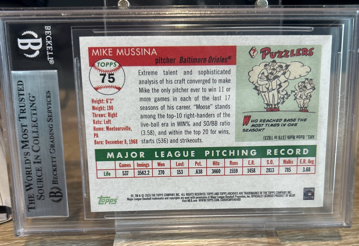 Signed 2020 Topps Archives #75 Mike Mussina Beckett BAS Slab