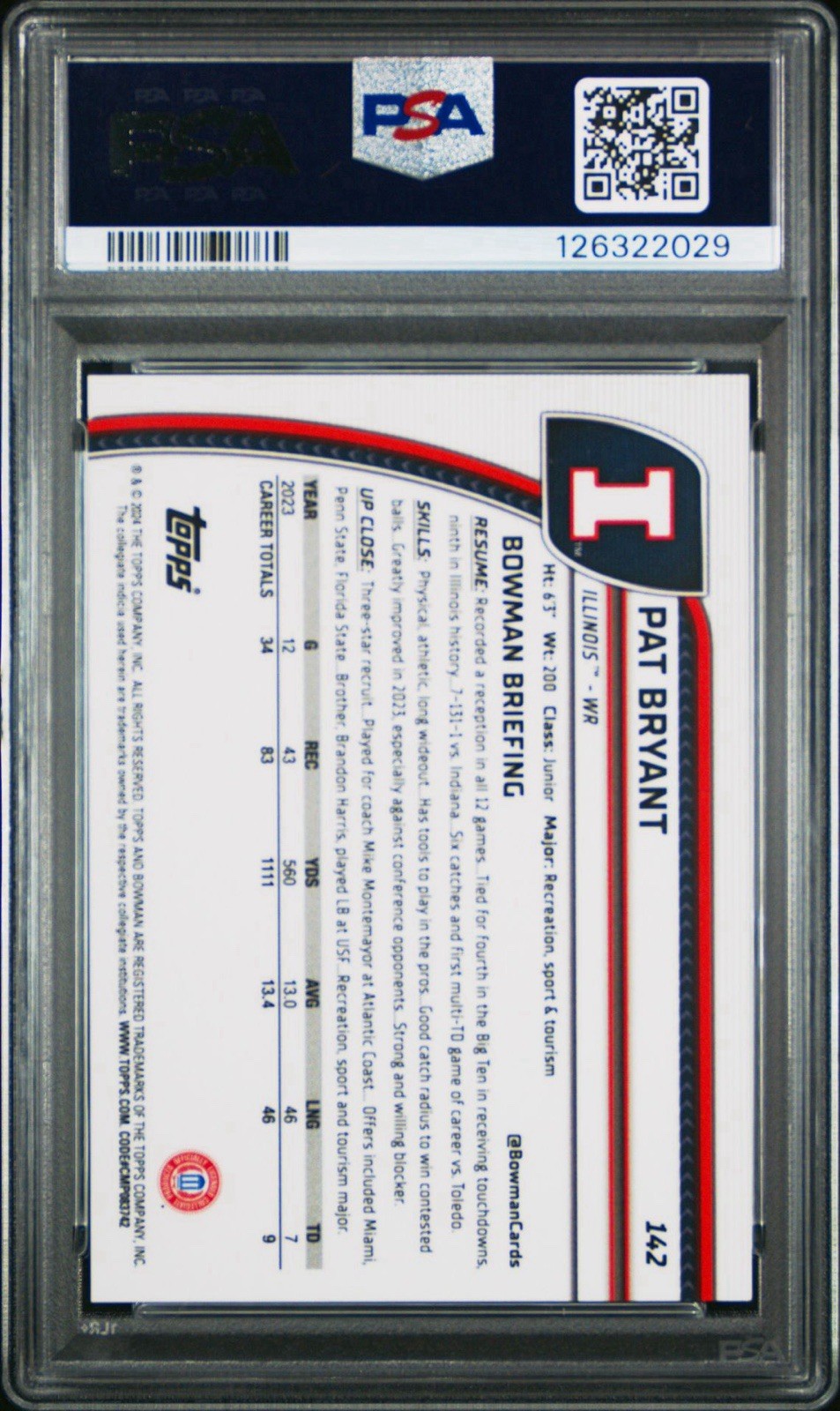 2024 Bowman U Chrome Sapphire Edition Pat Bryant #142 Black #d /10 - PSA 9