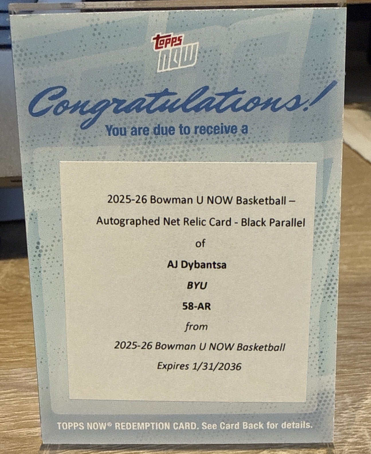 2025-26 Bowman U Now AJ Dybantsa #58-AR Auto Relic Black /10 Redemption
