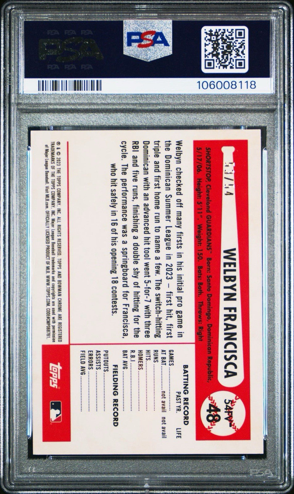 2023 Bowman Draft Welbyn Francisca 1954 Flag Variation #d /54 PSA 9 MT