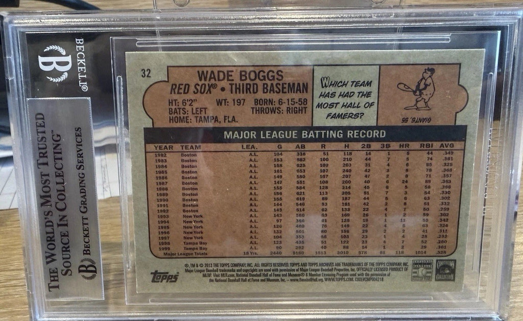 Signed 2013 Topps Archives #32  - Wade Boggs - Beckett BAS Slab