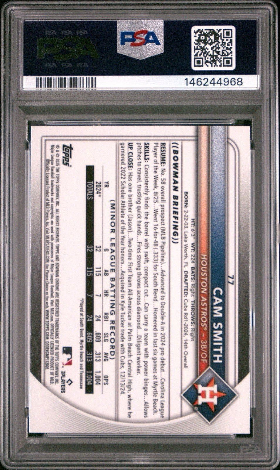 2025 Bowman Chrome Cam Smith #77 Purple Geometric /250 Rookie Card PSA 9 Mint