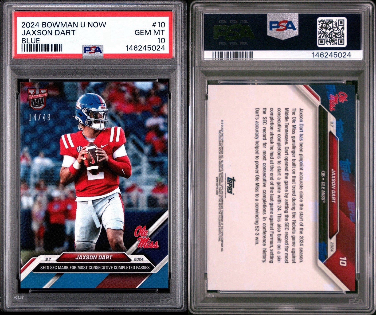 2024 Bowman U Now #10 Jaxson Dart - Blue Parallel /49 - PSA 10 Gem