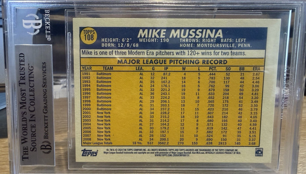 Signed 2024 Topps Archives #108 Mike Mussina Beckett BAS Slab