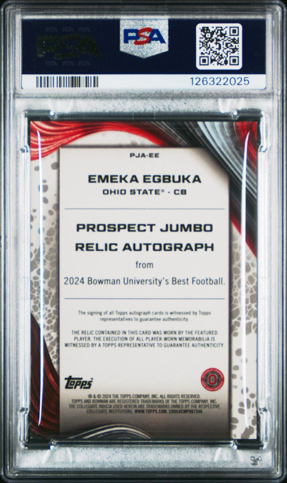 2024 Bowman's Best U Jumbo Relic 2nd Honor Autographs /99 - Emeka Egbuka - PSA 9