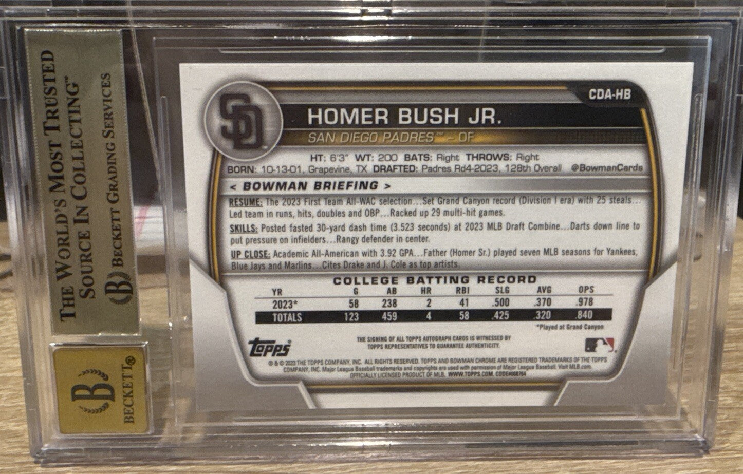 BGS 9.5 Auto 10 Gem - 2023 Bowman Draft Homer Bush Jr. 1st Chrome Prospect Auto