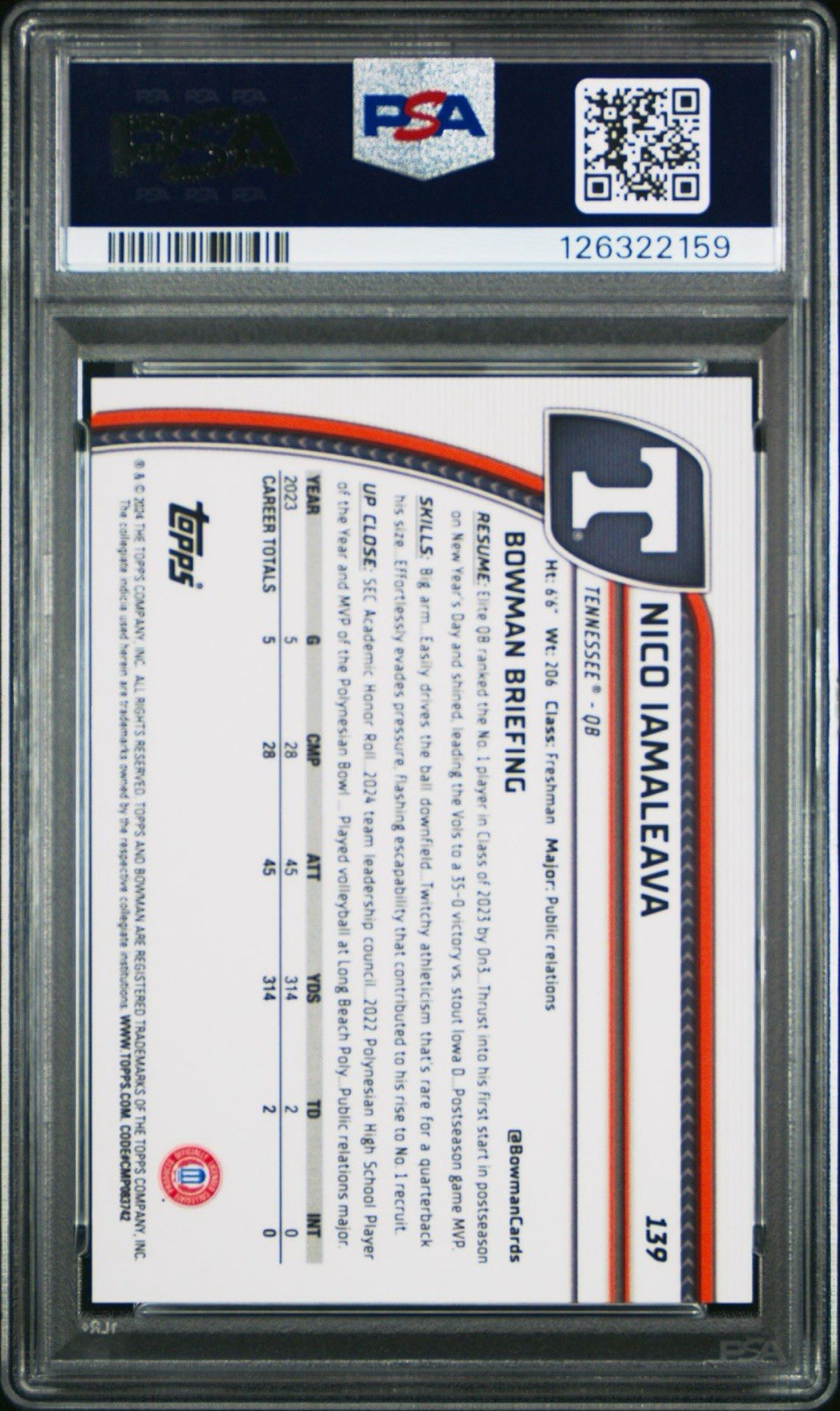 2024 Bowman Chrome Sapphire - Auto Nico Iamaleava #139 Orange /25 PSA 10