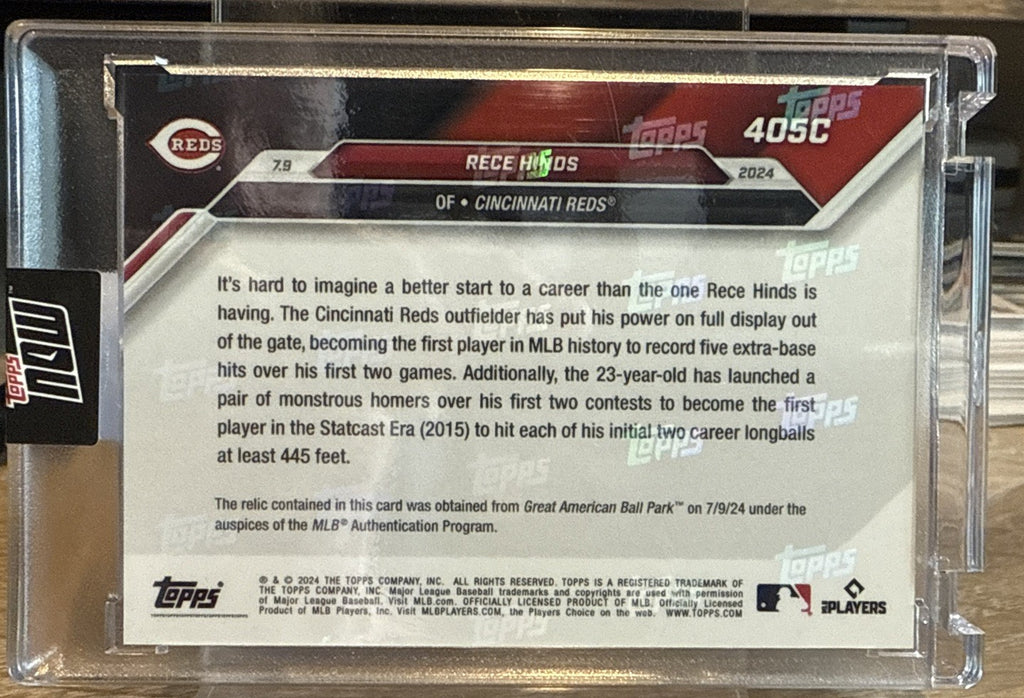 2024 MLB TOPPS NOW #405C Rece Hinds Game-Used Base Relic Purple /25 - RC