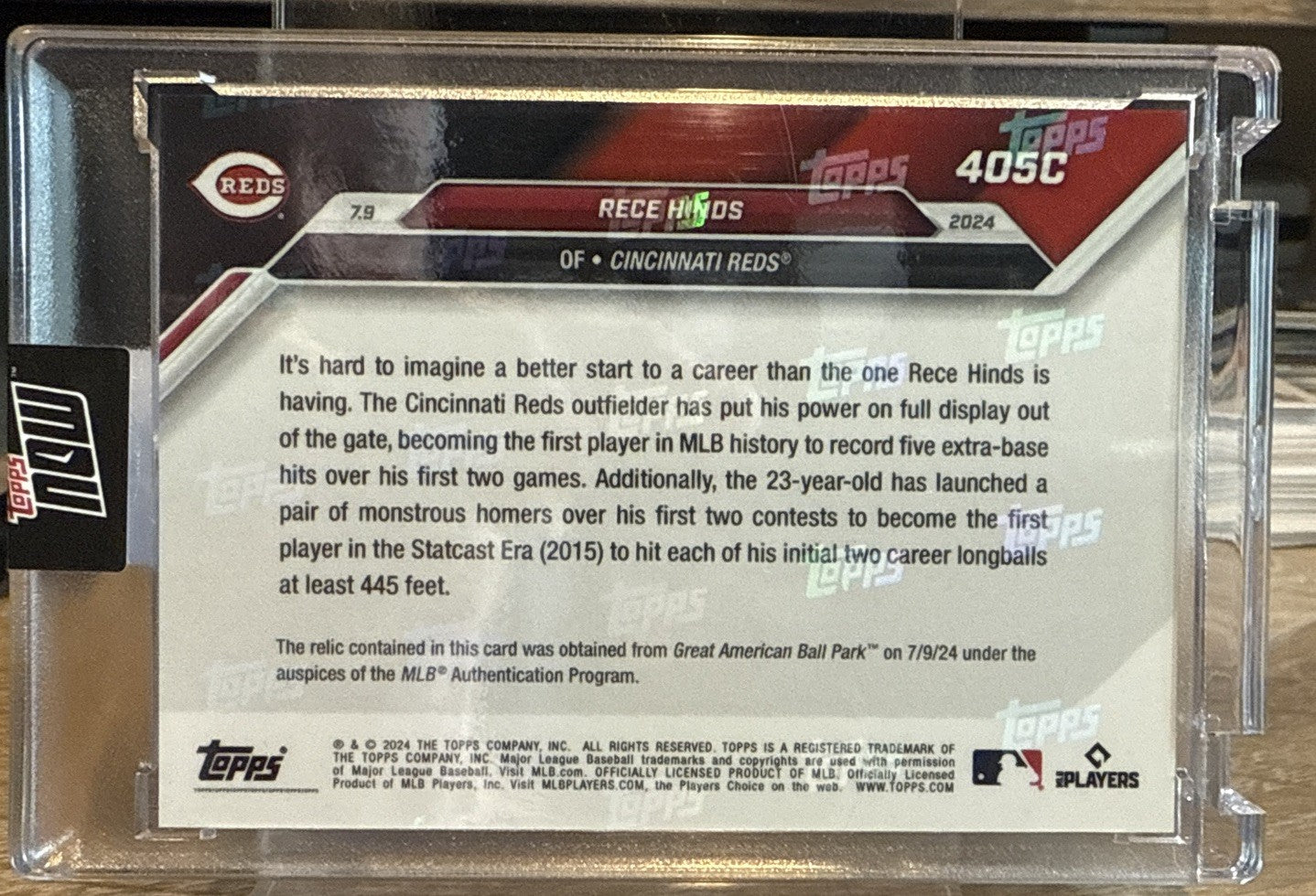 2024 MLB TOPPS NOW #405C Rece Hinds Game-Used Base Relic Purple /25 - RC