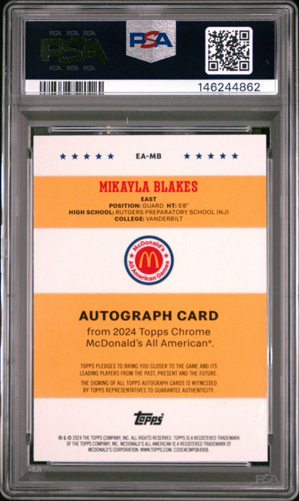 MIKAYLA BLAKES 2024 Topps McDonald's All-American PSA 10 On Card Event AUTO