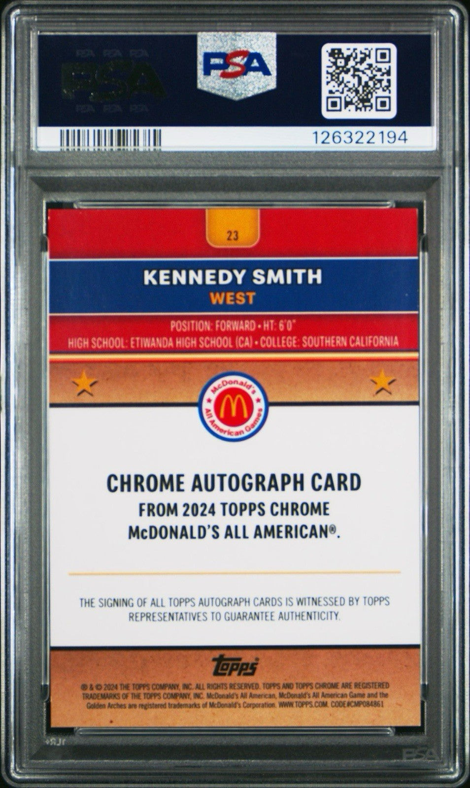 2024 Topps Chrome McDonald's #23 - Kennedy Smith Gold Refractor Auto /50 PSA 10
