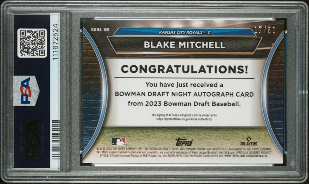2023 Bowman Draft Blake Mitchell Draft Night Gold Mini Diamond Auto /50 PSA 8