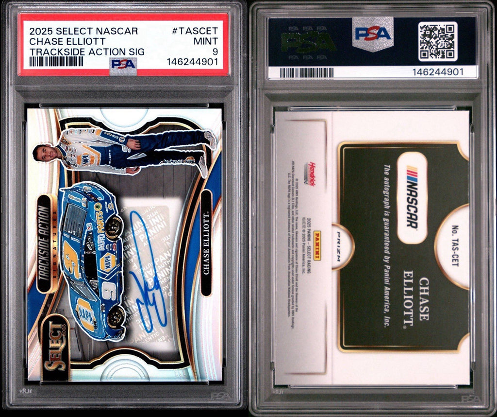 Chase Elliott 2025 Panini Select Trackside Action Signatures Silver Auto PSA 9