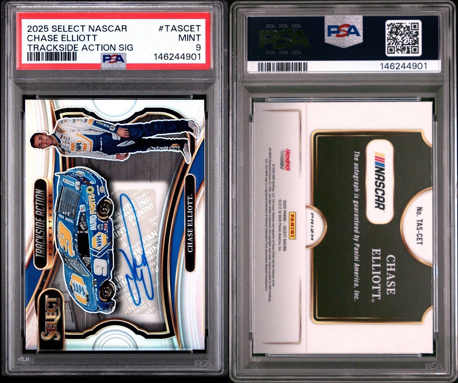 Chase Elliott 2025 Panini Select Trackside Action Signatures Silver Auto PSA 9