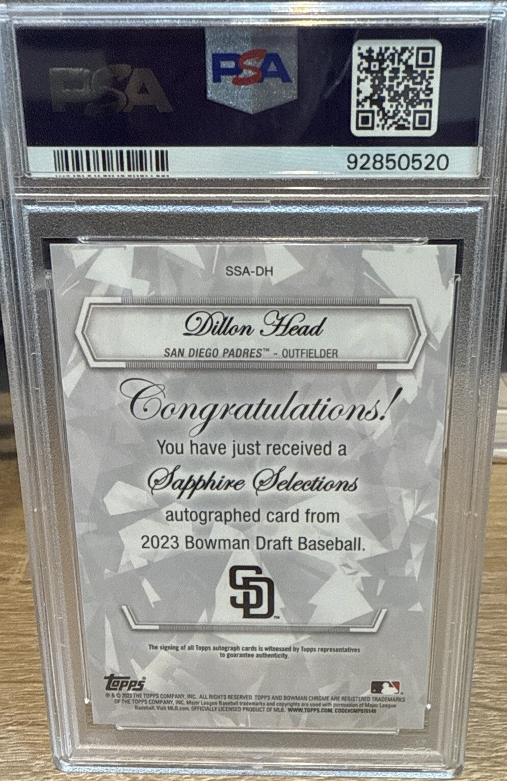 Dillon Head 2023 BOWMAN DRAFT SAPPHIRE SELECTIONS AUTO PSA GEM MINT 10