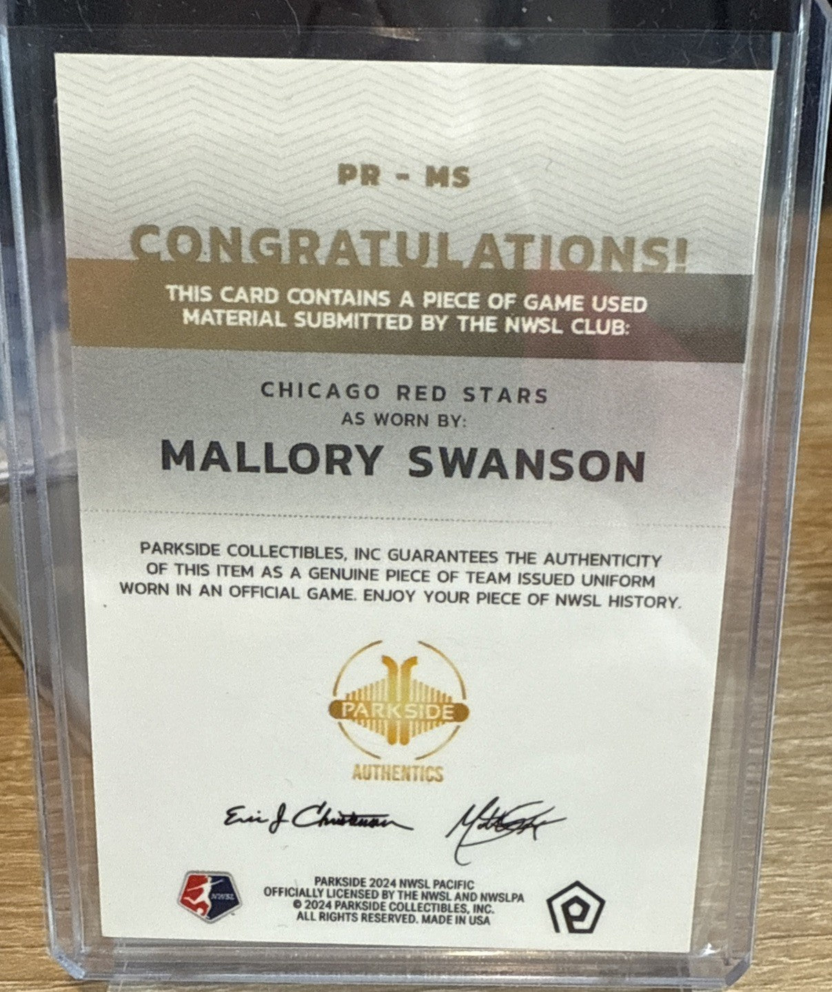 Mallory Swanson 2024 Parkside NWSL Pacific #PR-MS Game Worn Relic