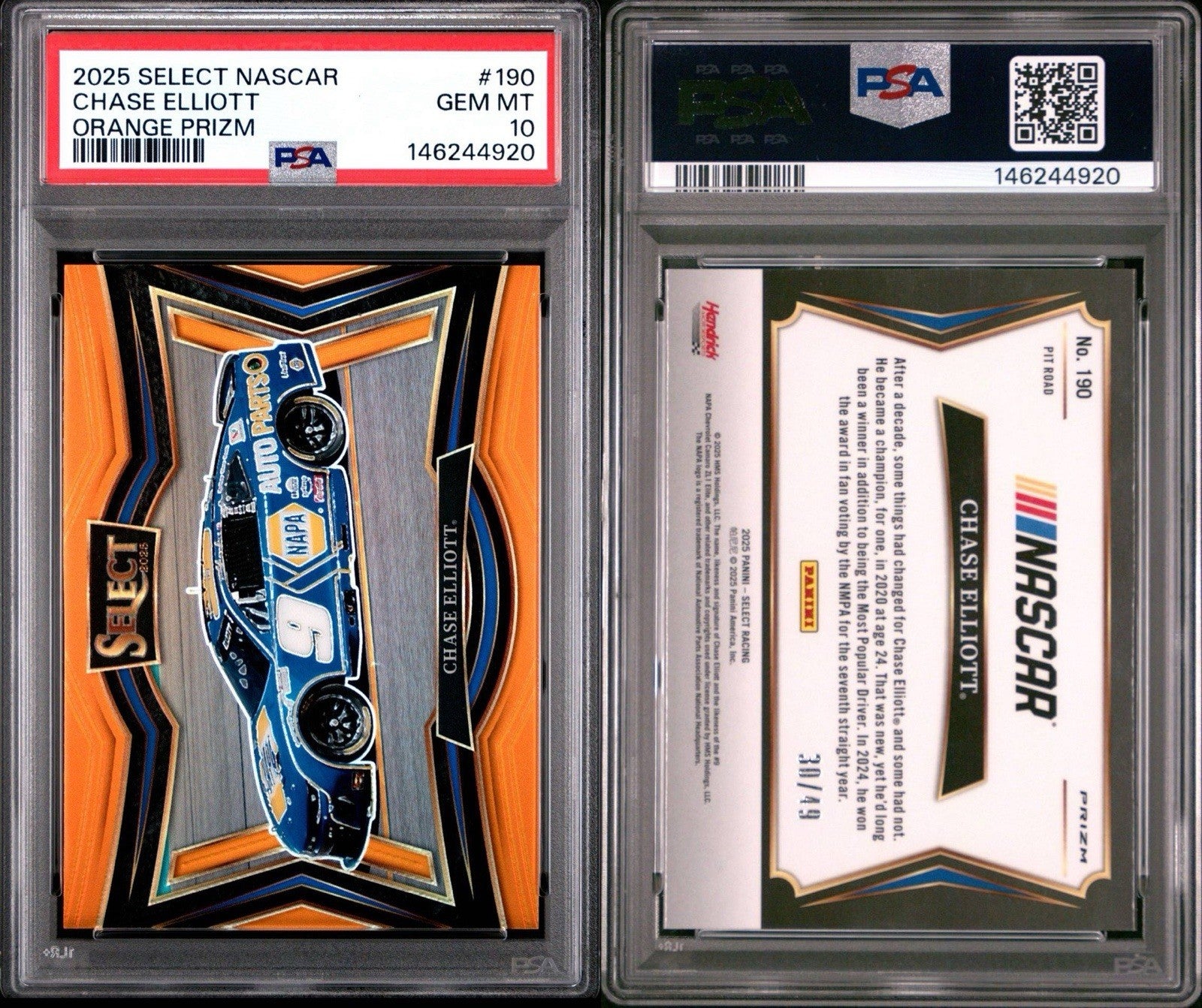 2025 Panini Select Pit Road Orange Prizm #d /49 Chase Elliott #190 PSA 10 Gem