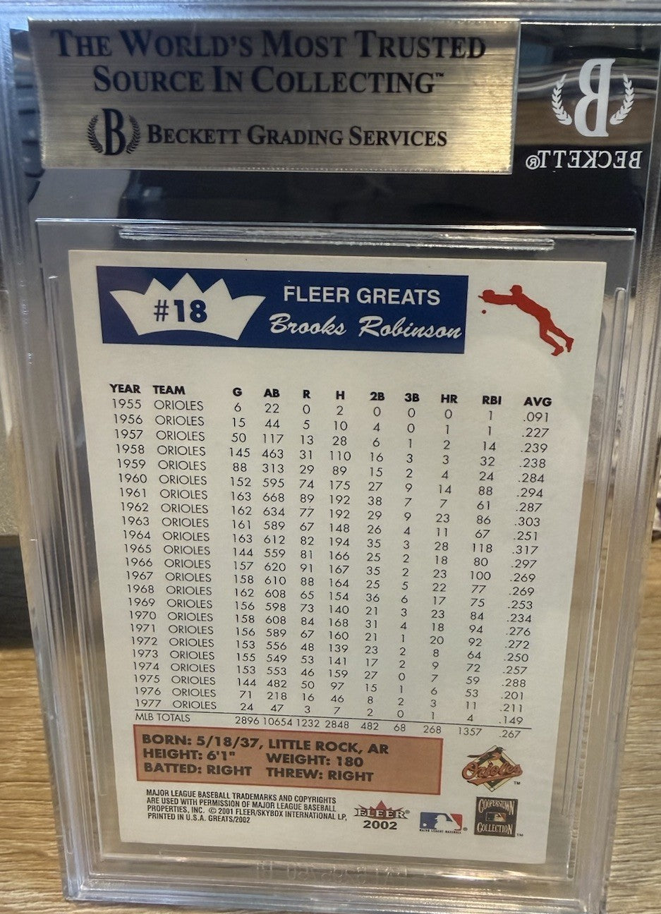 Signed 2002 Fleer Greats Of The Game #18 Brooks Robinson - BAS beckett slabbed