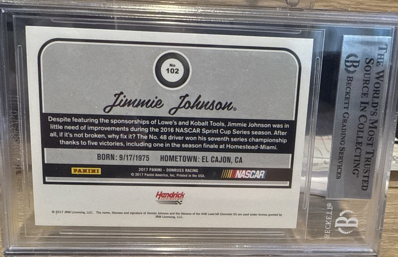 Signed 2017 DONRUSS JIMMIE JOHNSON #102 AUTOGRAPH BECKETT BAS Slab