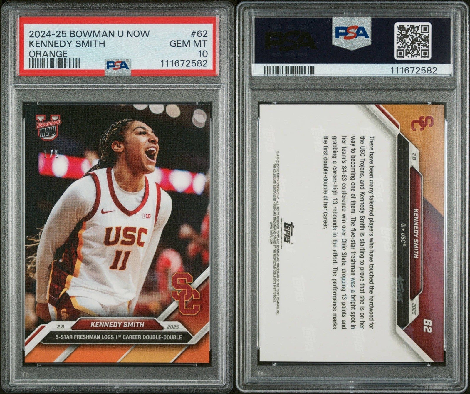 2024-25 Bowman U Now Topps #62 Kennedy Smith Orange Parallel #d /5 -  PSA 10 Gem