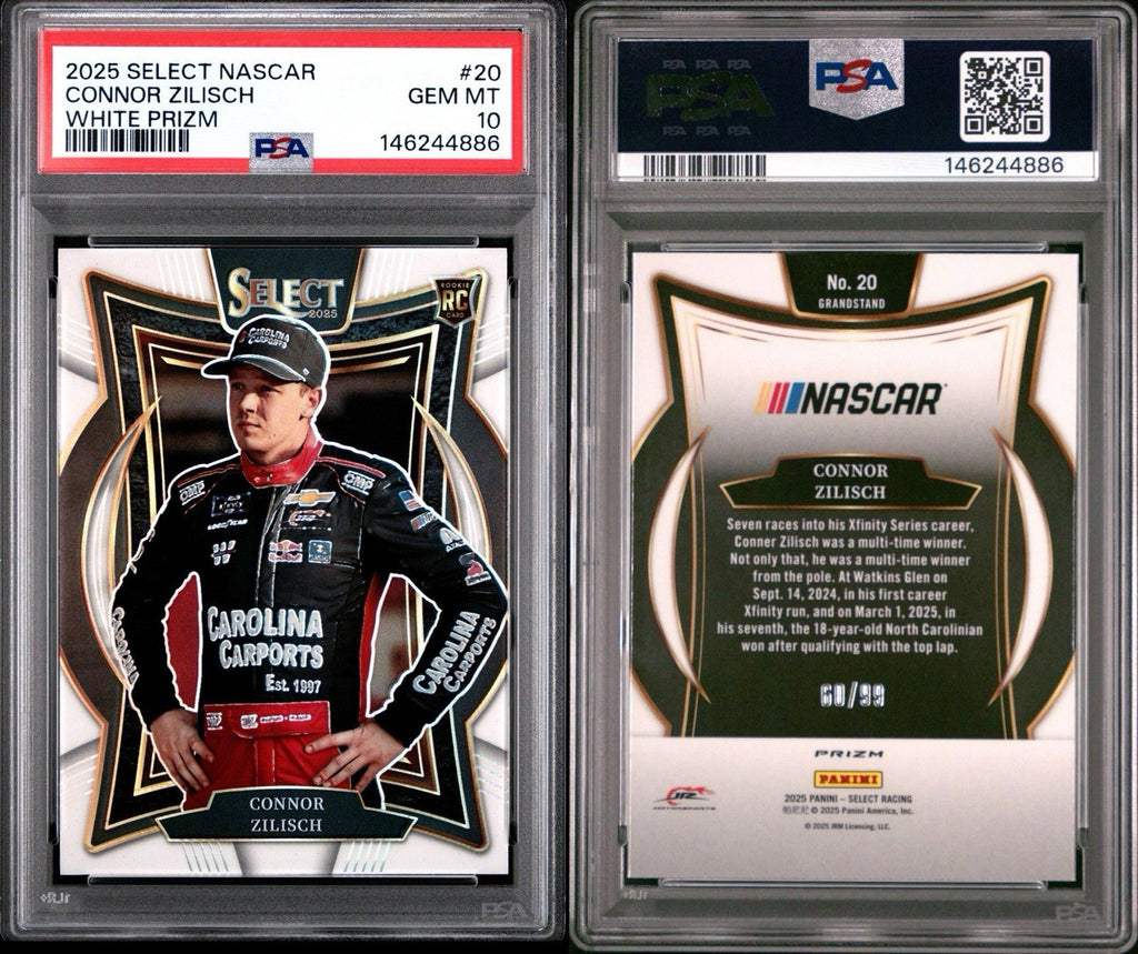 2025 Panini Select Grandstand White Prizm #d /99 Connor Zilisch #20 PSA 10 Gem