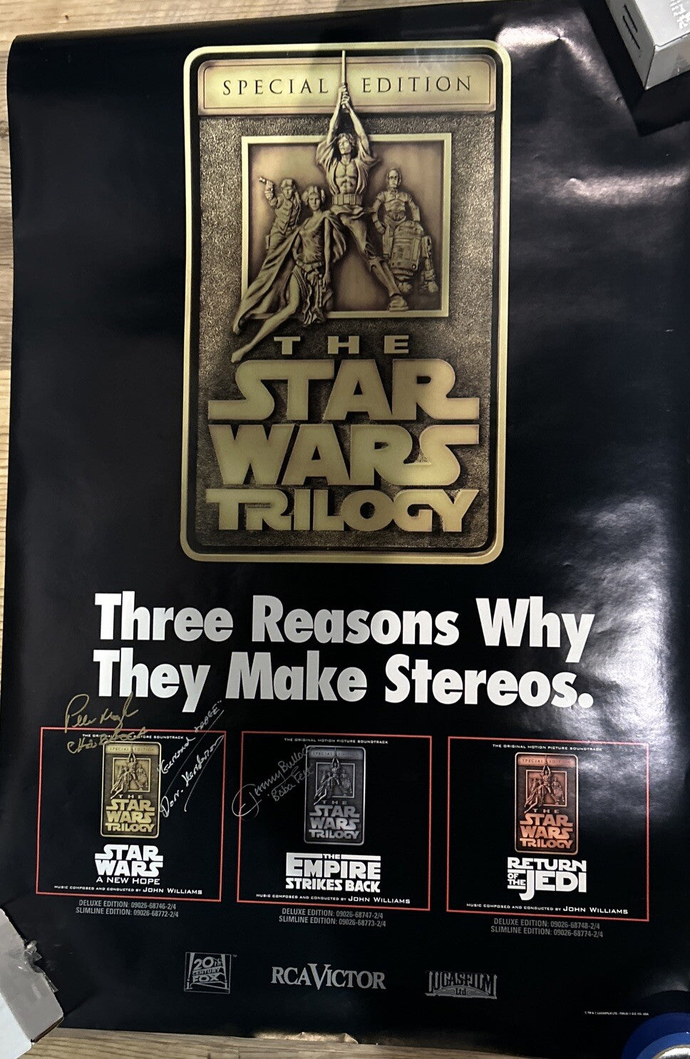 STAR WARS Trilogy Movie Poster  Signed by 3 - Mayhew, Bulloch And Don Henderson