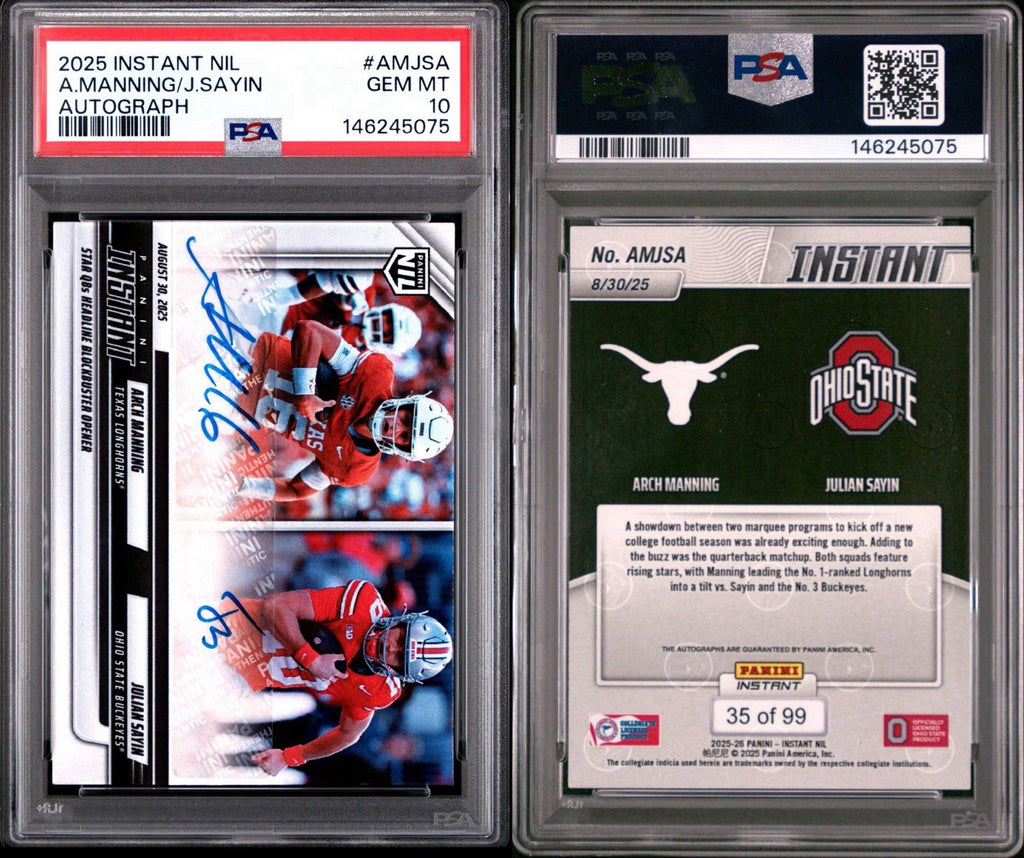 2025 Panini NIL Arch Manning & Julian Sayin Dual Auto /99 - PSA 10 Gem