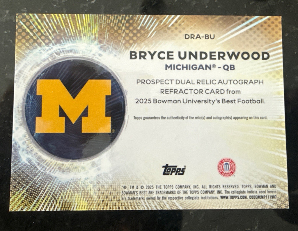 2025 Bowman Best U Bryce Underwood Dual Relic Orange Auto #/25 Patch! Michigan 