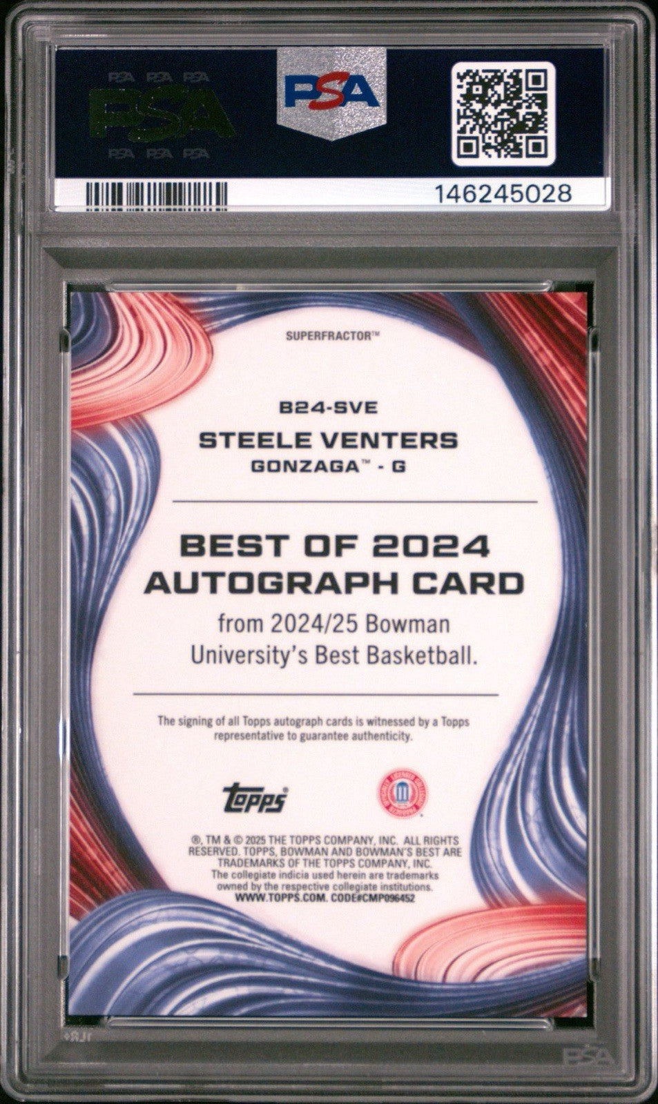 Steele Venters 2024-25 BOWMAN U BEST OF 2024 SUPERFRACTOR AUTO 1/1 PSA 6