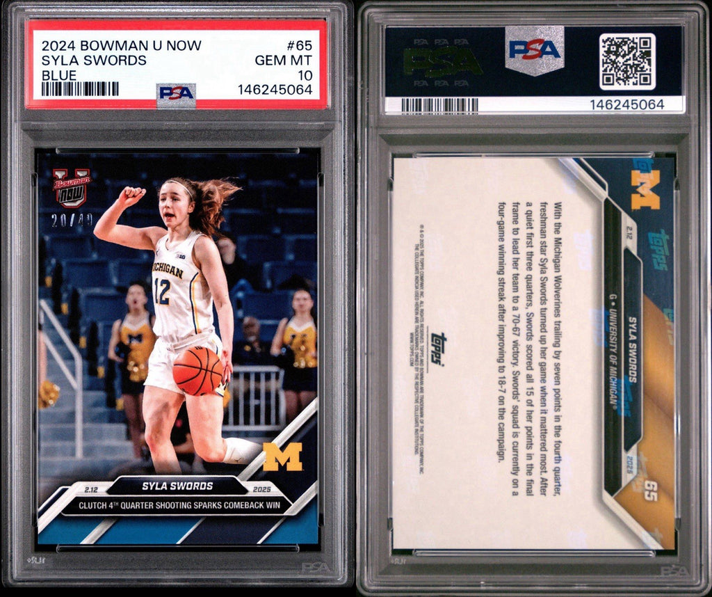 Syla Swords 2024 Bowman U Now #65 BLUE PARALLEL #d /49 Michigan PSA 10 Gem