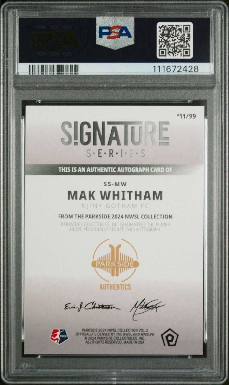 Mak Whitham 2024 Parkside NWSL Vol 2 Signature Series FOIL /99 PSA 8 Auto RC