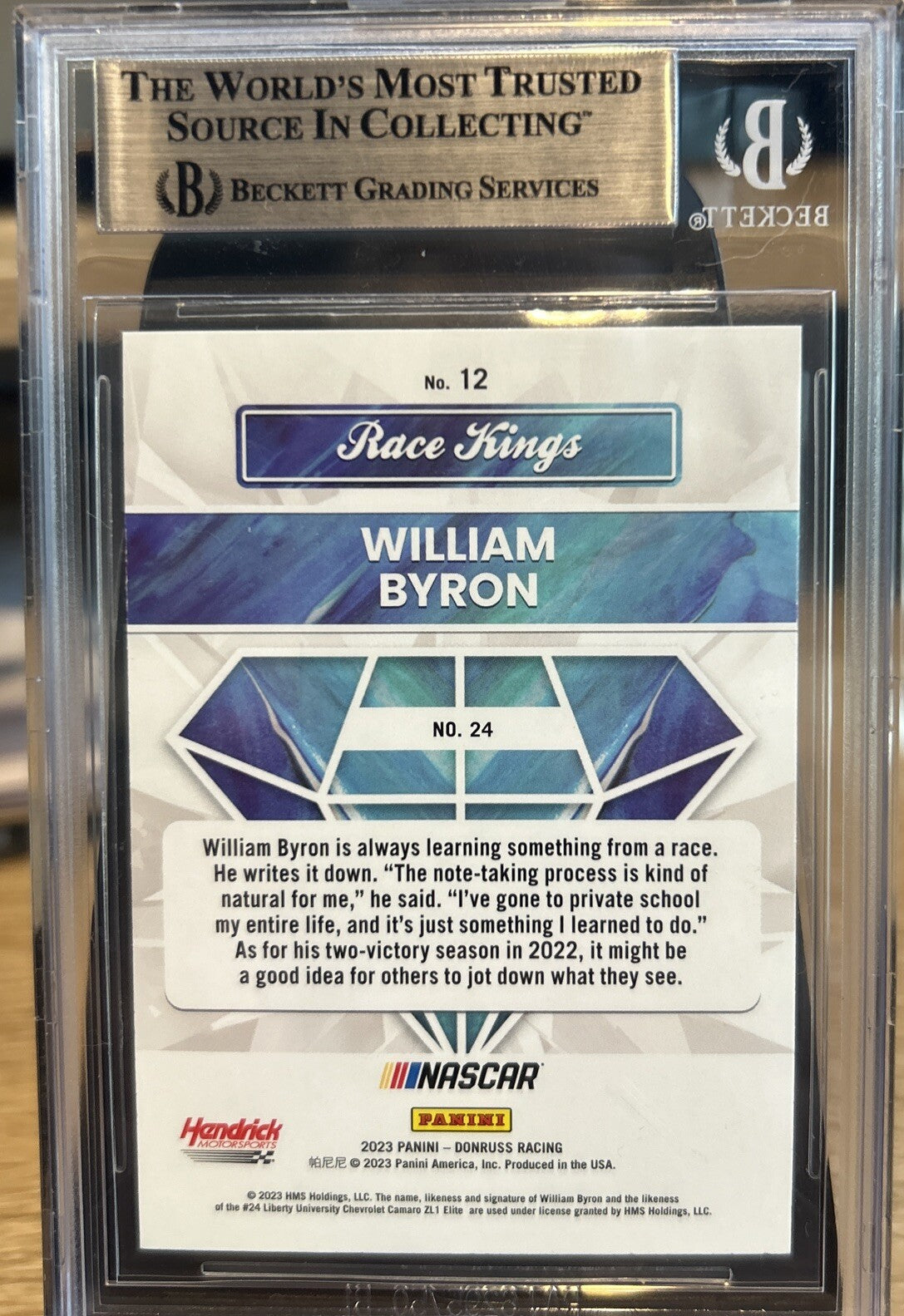 Signed WILLIAM BYRON 2023 DONRUSS Race Kings #12 NASCAR BECKETT BAS Slab