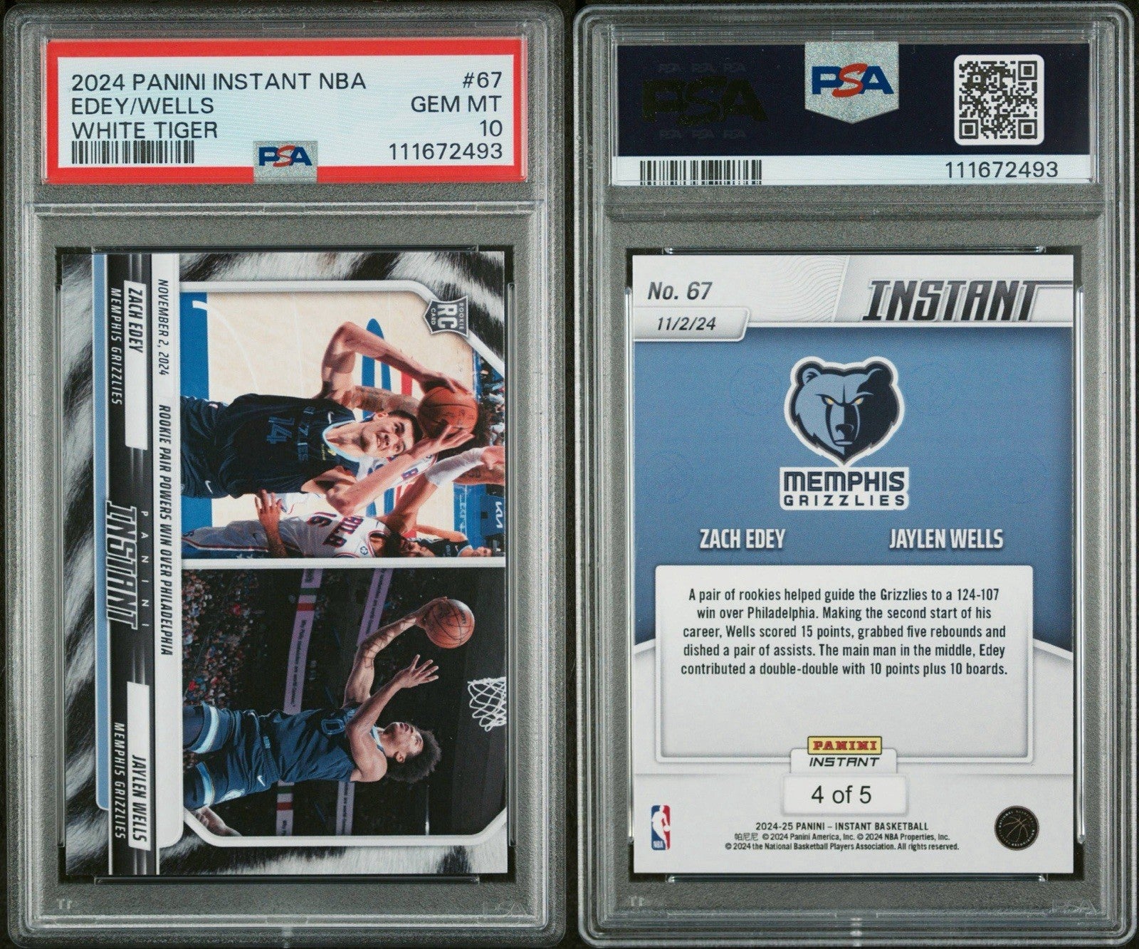 2024-25 Panini Instant Zach Edey/Jaylen Wells - White Tiger #d /5 RC #67 PSA 10