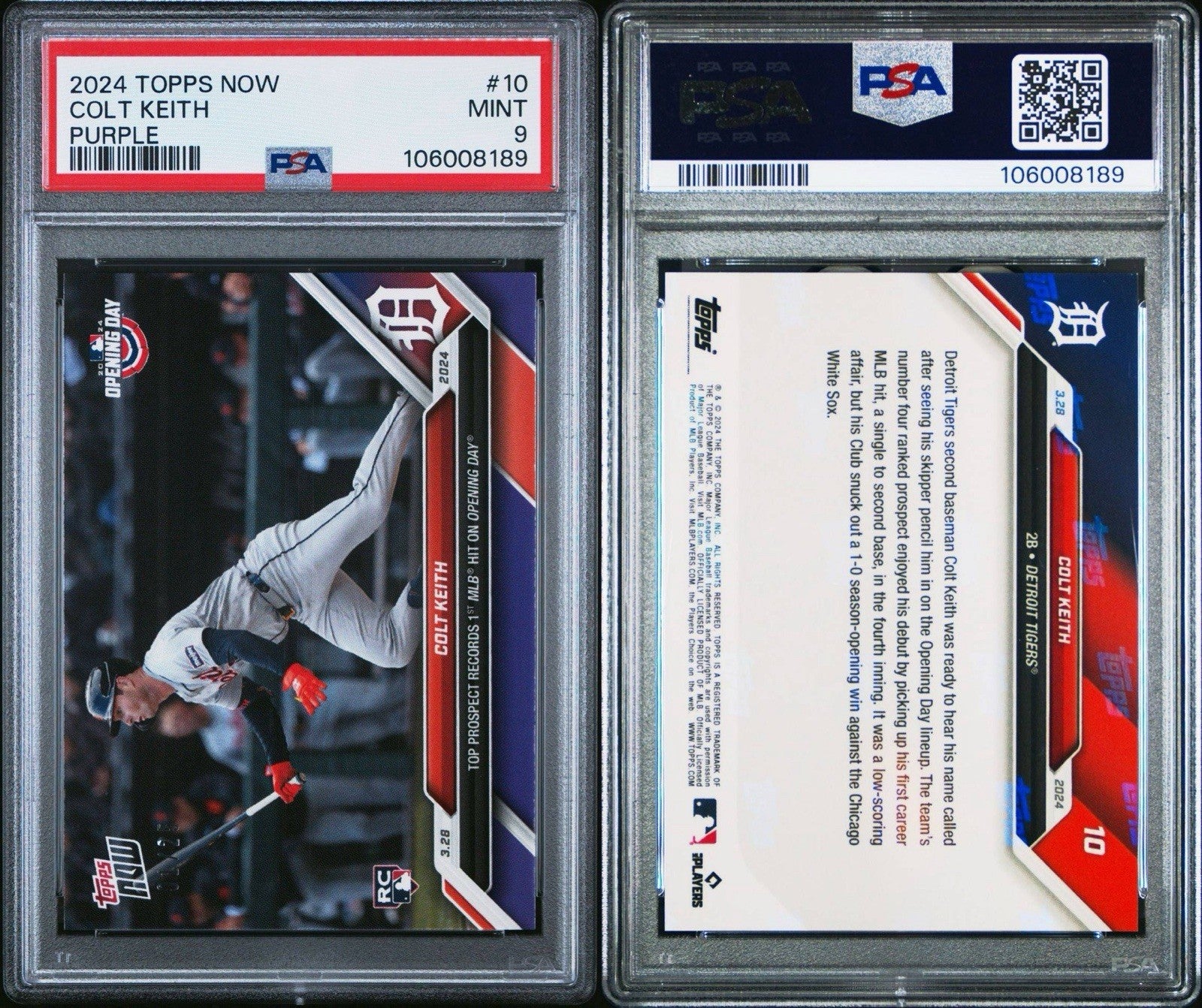 2024 Topps Now Colt Keith 1st MLB Hit on Opening Day #10 Purple /25 PSA 9 Mint