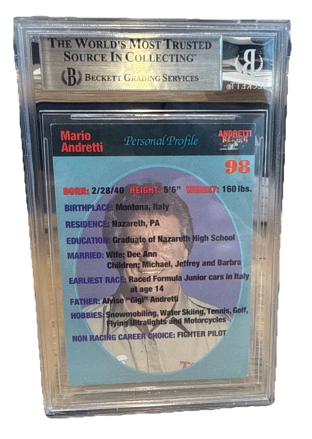 MARIO ANDRETTI Signed 1992 Collect A Card #98 Beckett BAS encased Indy Racing