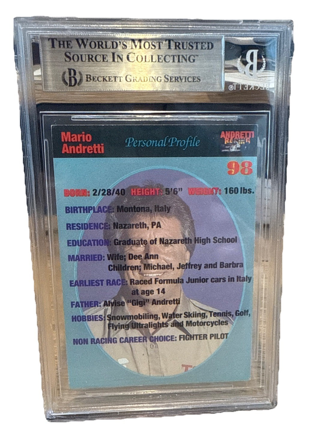 MARIO ANDRETTI Signed 1992 Collect A Card #98 Beckett BAS encased Indy Racing