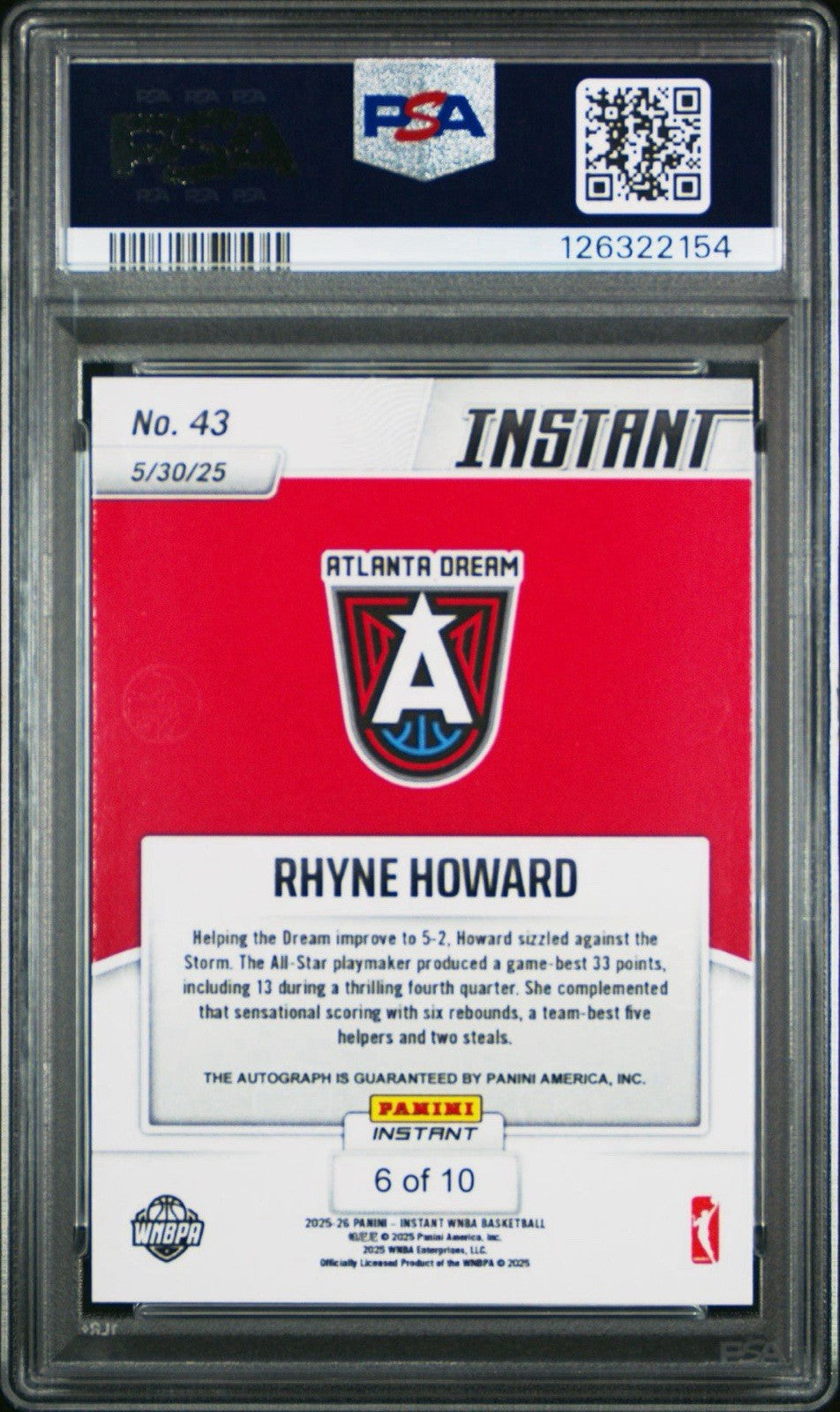 Rhyne Howard 2025 Panini Instant WNBA #43 Water Auto #d /10  - PSA 10 Gem