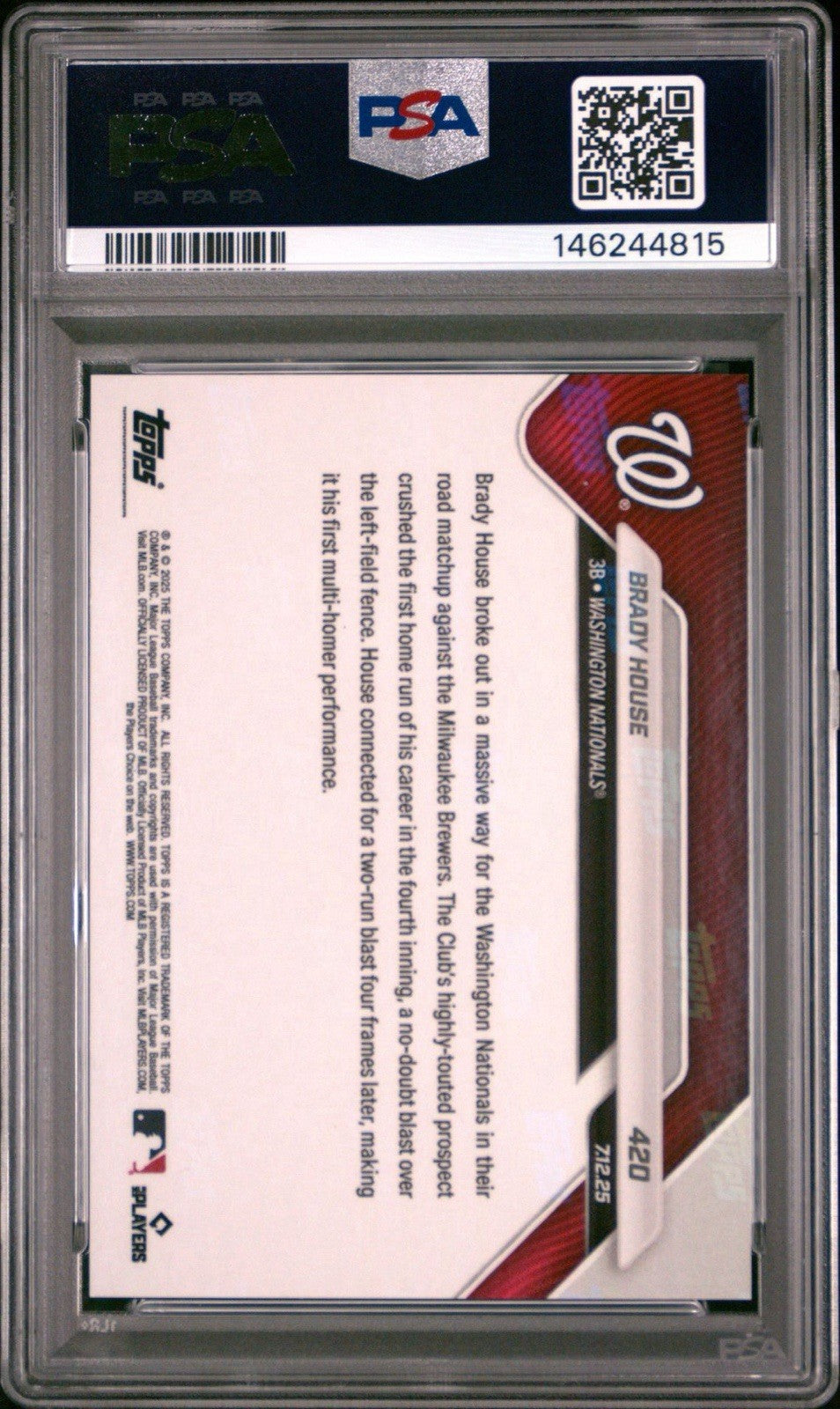 2025 Topps Now BRADY HOUSE #420 BLACK 08/10 - Call Up RC - NATIONALS PSA 9 Mint