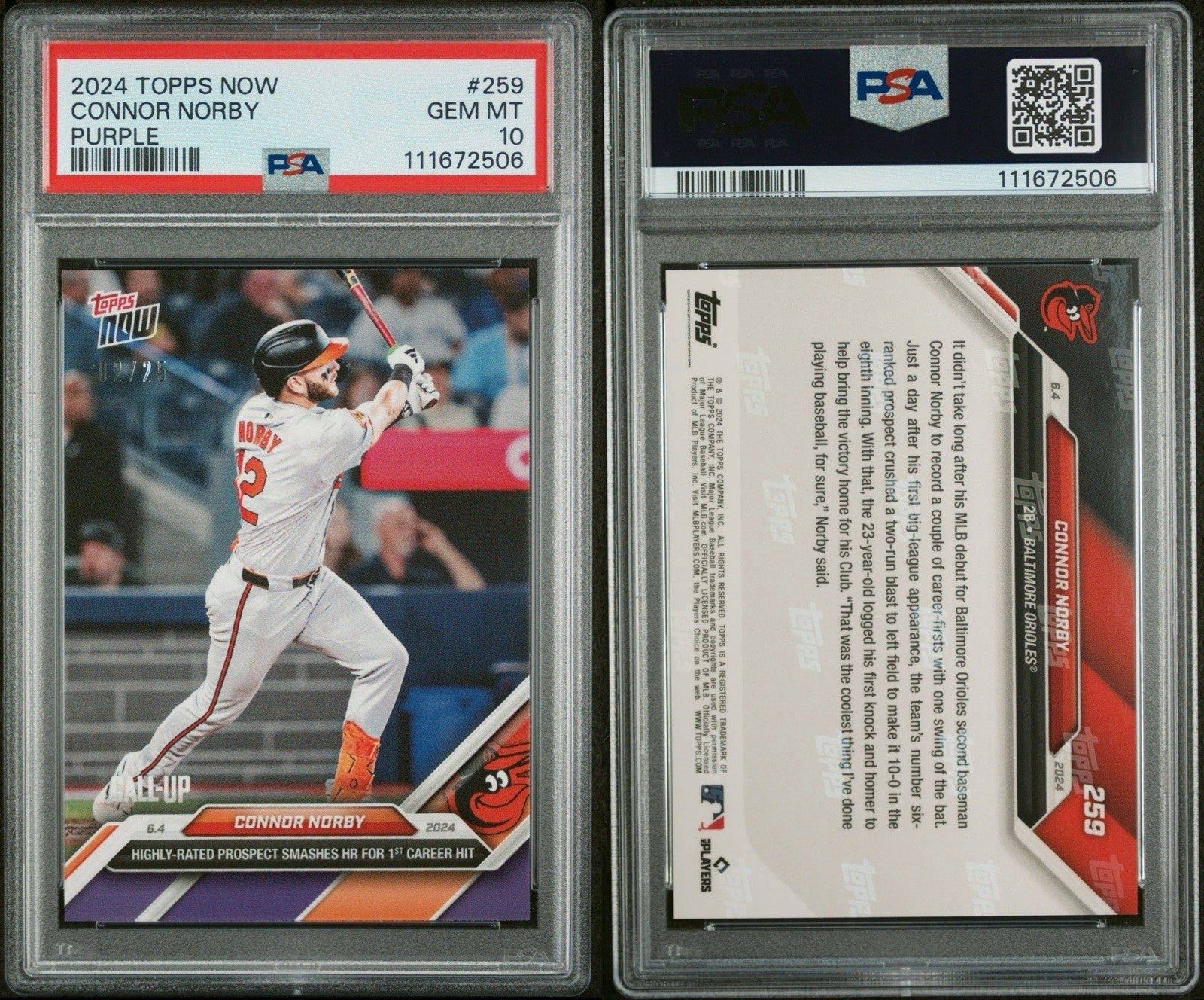 2024 Topps Now #259 Connor Norby Purple Parallel #d /25 RC - PSA 10 Gem Mint
