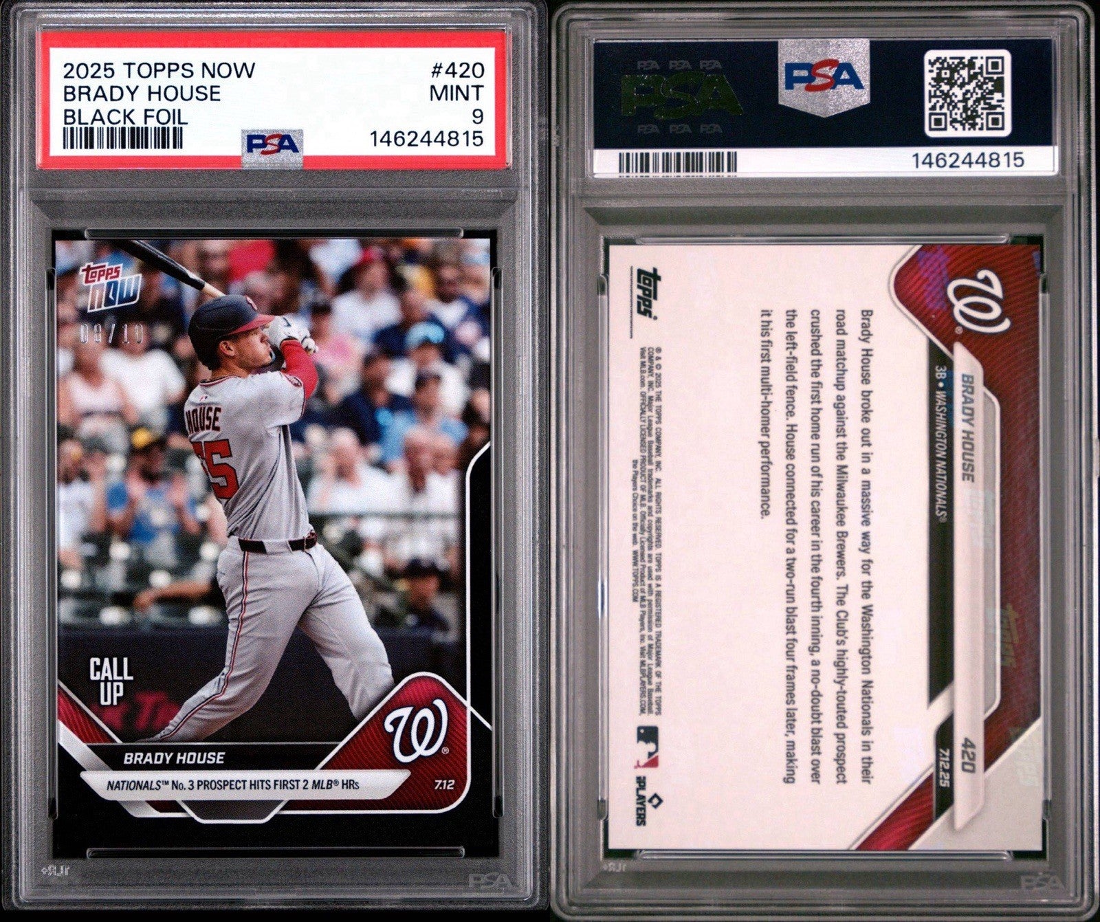2025 Topps Now BRADY HOUSE #420 BLACK 08/10 - Call Up RC - NATIONALS PSA 9 Mint