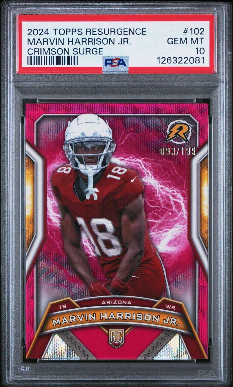2024 Topps Resurgence Marvin Harrison Jr CRIMSON SURGE RED /199 RC PSA 10