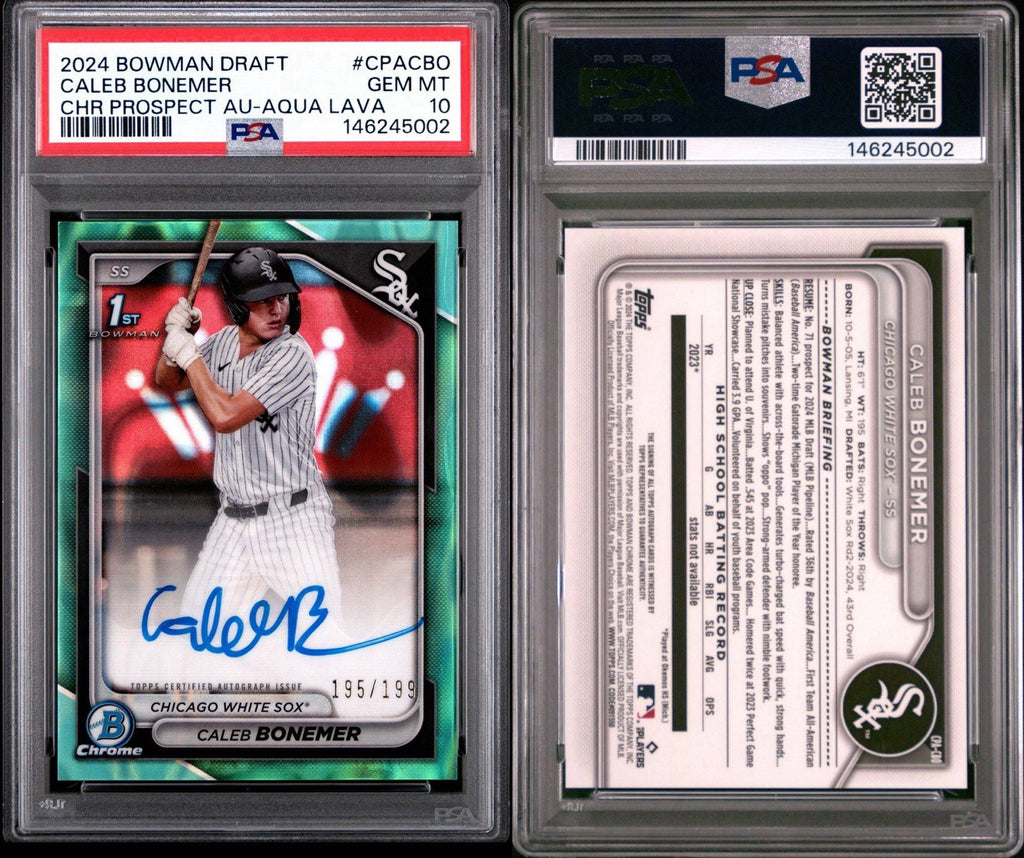 2024 BOWMAN DRAFT CHROME PRSPCT AUTOS AQUA LAVA CALEB BONEMER /199 PSA 10