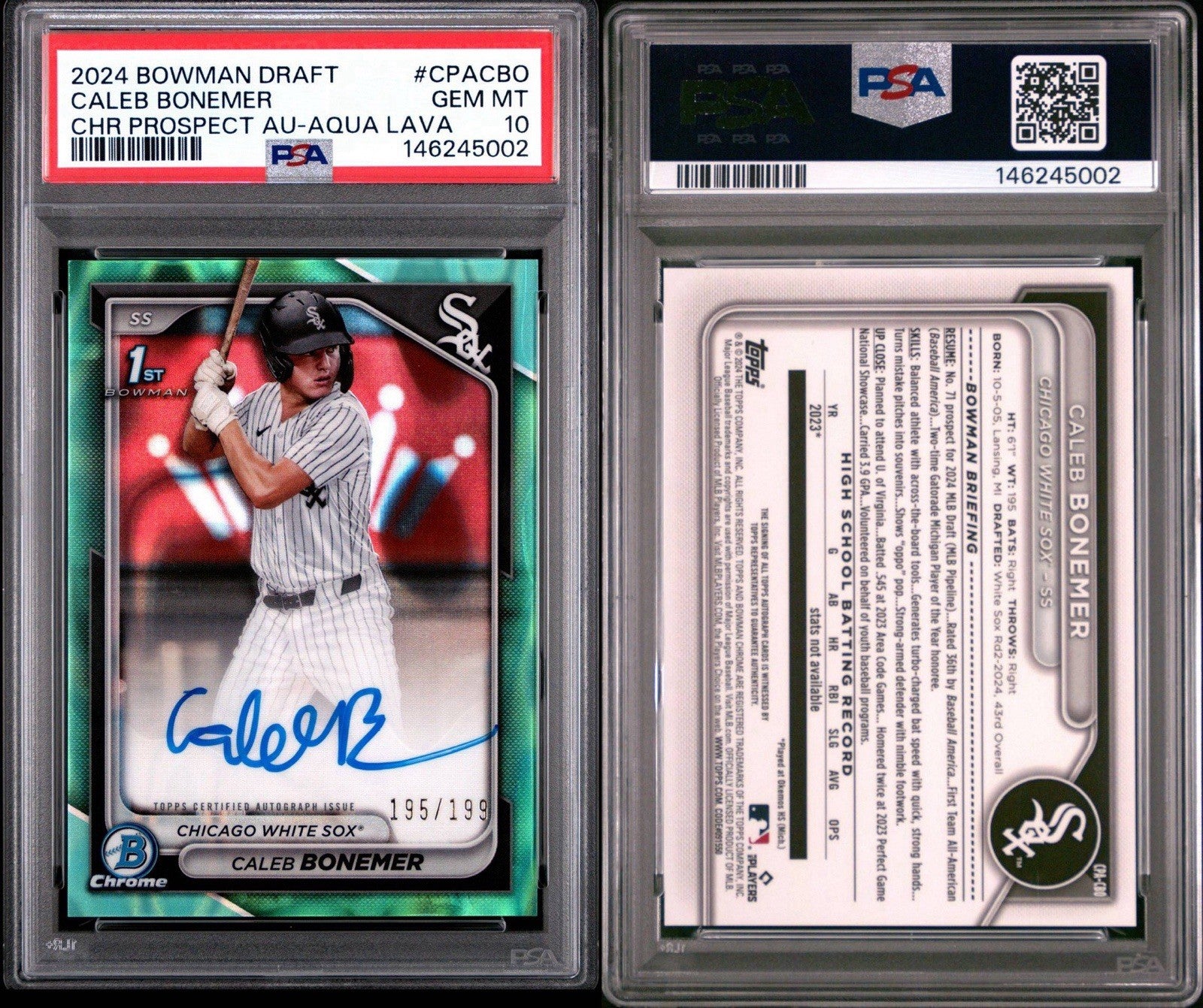 2024 BOWMAN DRAFT CHROME PRSPCT AUTOS AQUA LAVA CALEB BONEMER /199 PSA 10