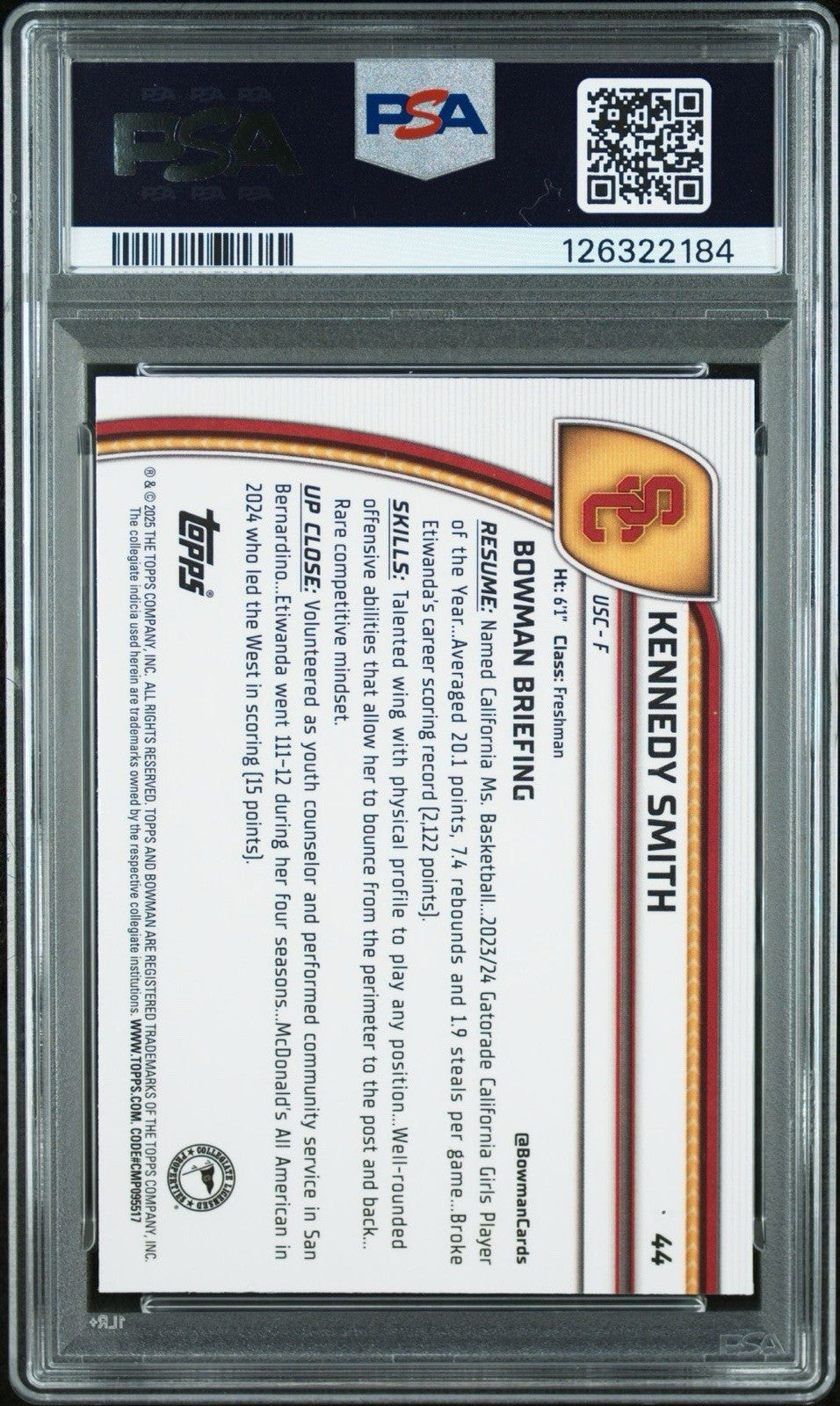 2024 BOWMAN U SAPPHIRE #44 KENNEDY SMITH /65 GREEN PSA 10 Gem