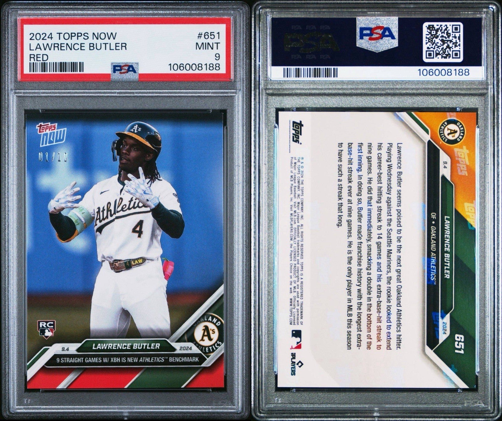 2024 Topps Now #651 Lawrence Butler Red Parallel /10 Oakland Athletics RC PSA 9