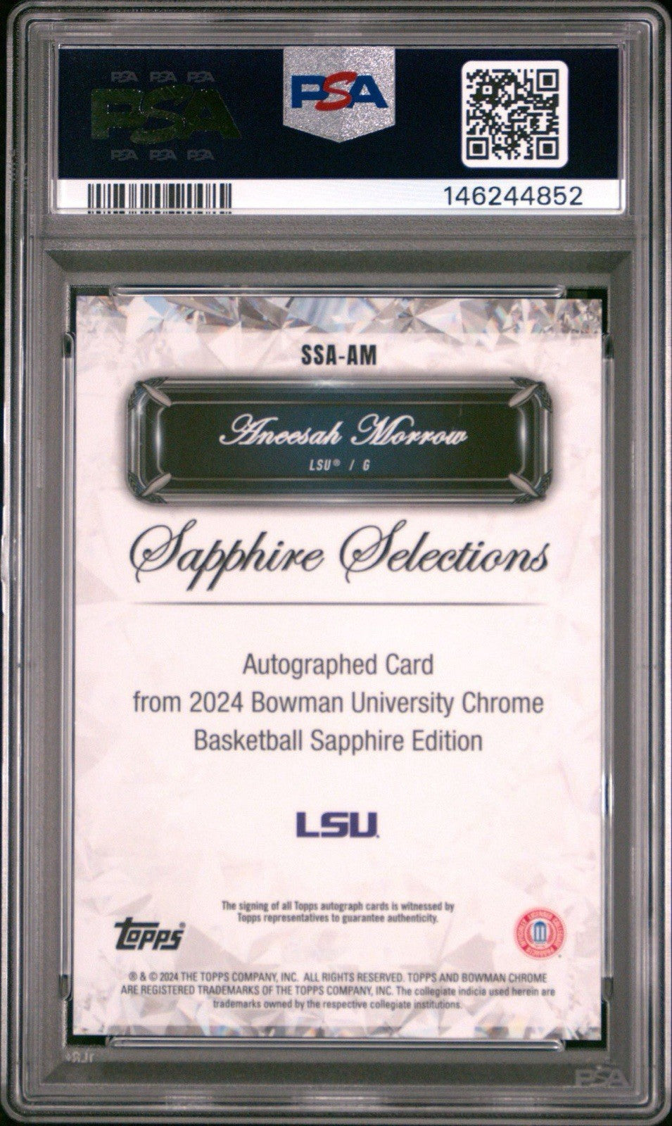2024-25 Bowman U Chrome Sapphire Aneesah Morrow Selections Black Auto /10 PSA 9