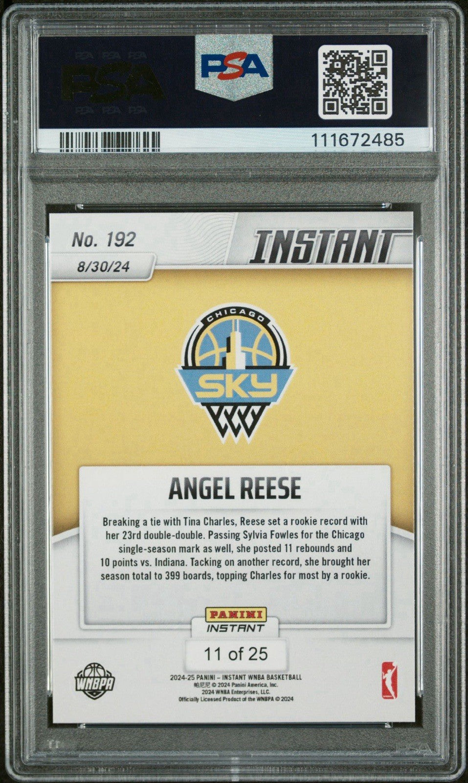2024 Panini Instant WNBA #192 Angel Reese RC Jungle /25 Racks Up Records PSA 9