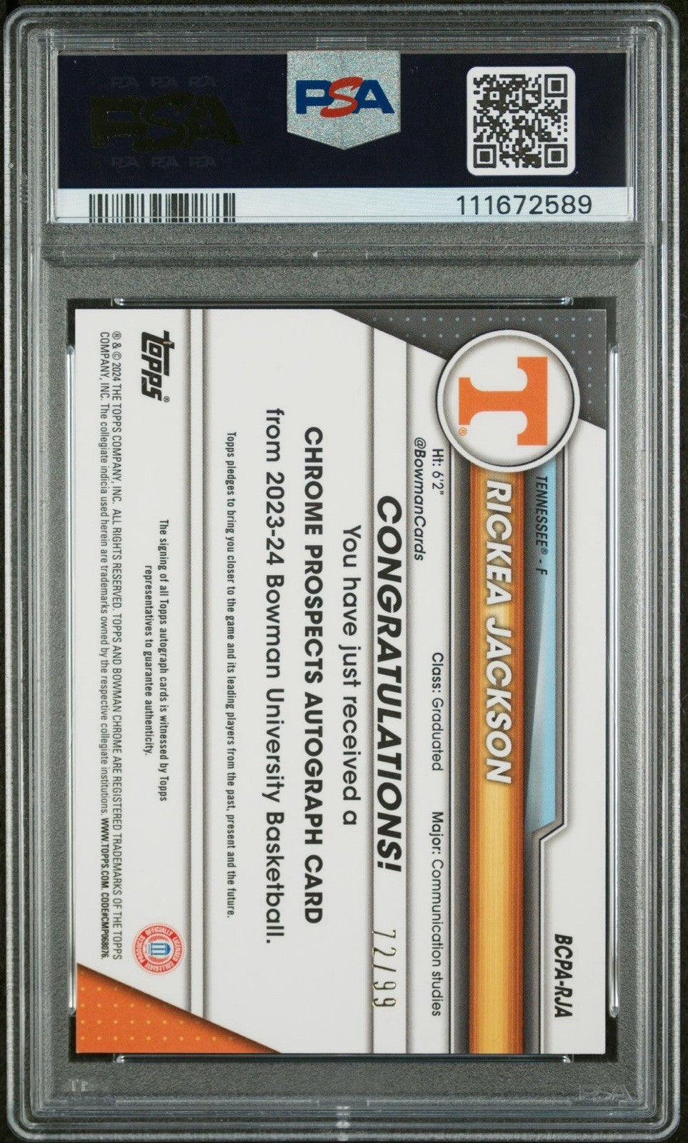 2023-24 Bowman U Chrome BCPA-RJA Rickea Jackson Green Autograph  /99 - PSA 9