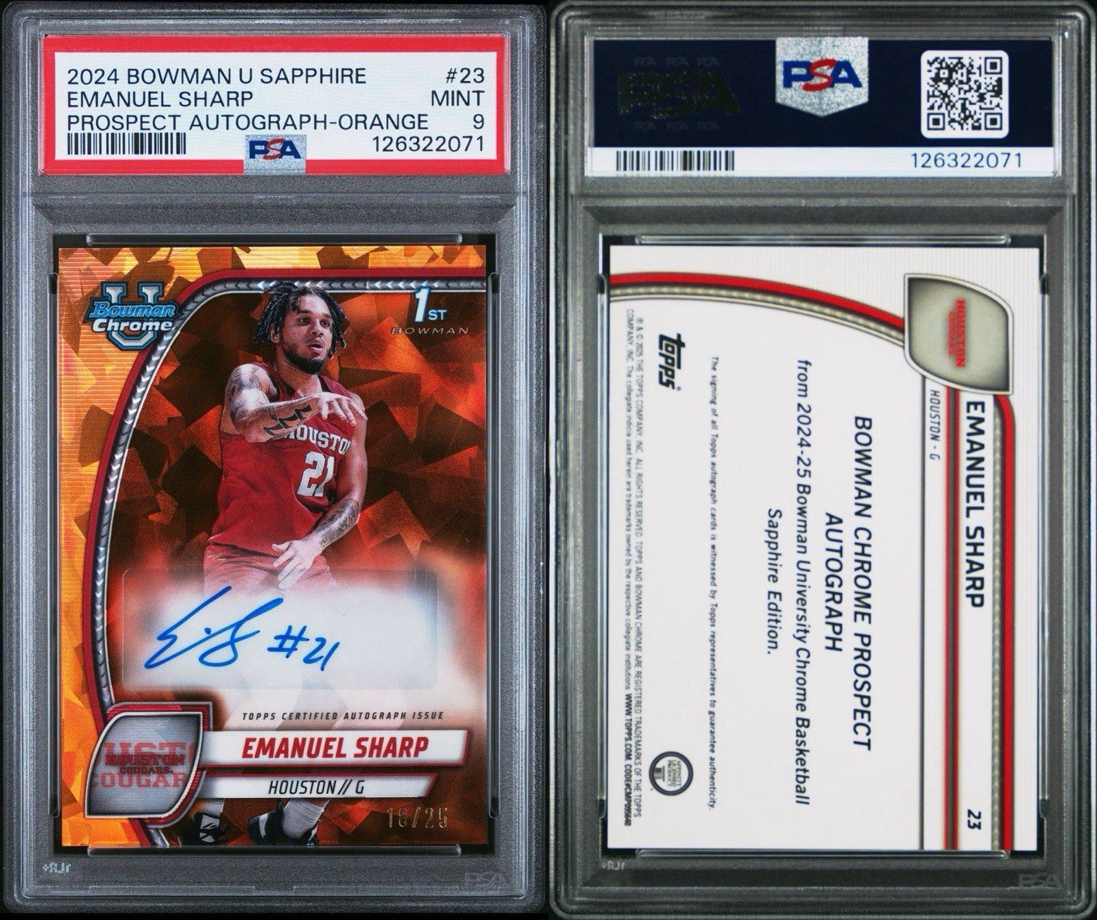 2025 Bowman U Sapphire Emanuel Sharp Orange Auto #d /25 - PSA 9