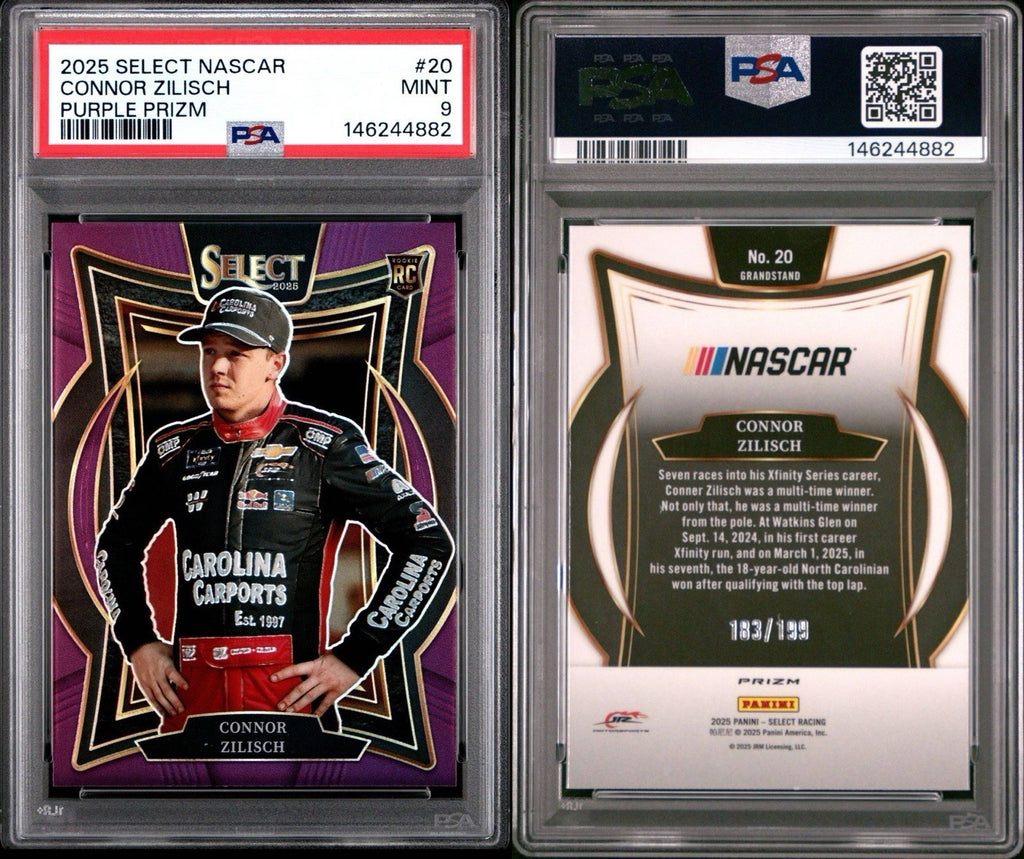 2025 Panini Select Grandstand Purple Prizm #d /199 Connor Zilisch #20 PSA 9 Mint